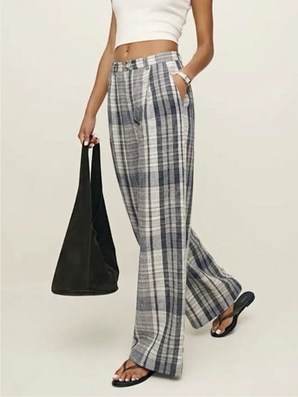 Reformation Vesta Linen Pant 6 Plaid Wide Leg High Rise Preppy